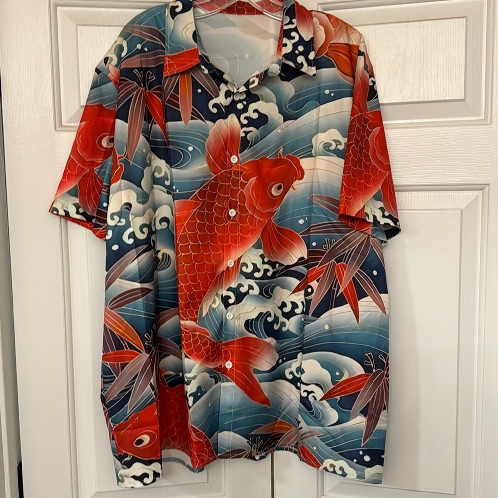 Men’s 2XL KOI FISH-Design short sleeve 100% Polyester button front shirt
